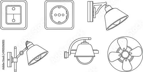 Electrical Equipment Line Art Icon Set, Vector Home Interior Light Fixtures and Power Outlet Symbols