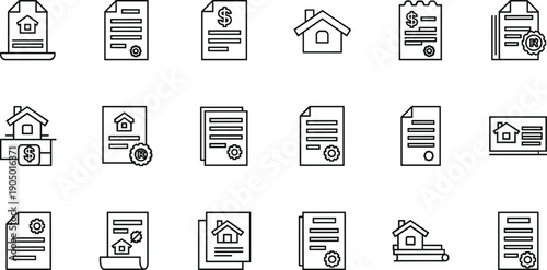 Real Estate Documents and Property Contract Icons Set in Flat Vector Line Art Style