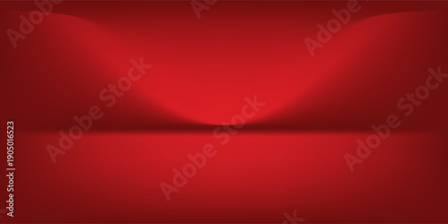 Red studio background. Abstract limbo podium studio room. Dark red gradient wall floor and spotlight scene.