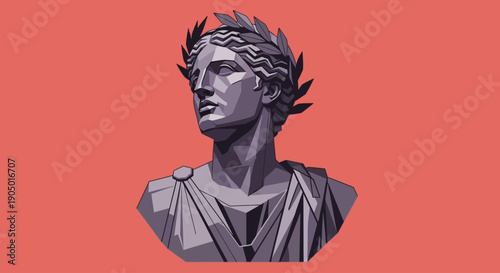 A low-poly 3D illustration of a male bust with a laurel wreath, viewed from the front, against a solid background