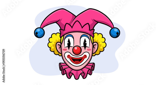 A cartoon jester's face with a bright red nose and colorful hat is viewed directly.