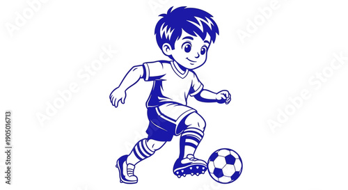 Young boy kicking a soccer ball with dynamic movement illustration