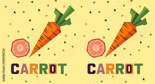 Vibrant carrots and slices illustration on a bright background with colorful confetti