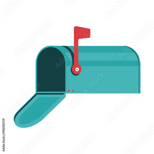 Turquoise mailbox with open door and red flag signals incoming.