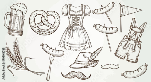 Traditional German attire and food items illustrated together with festival elements and accessories
