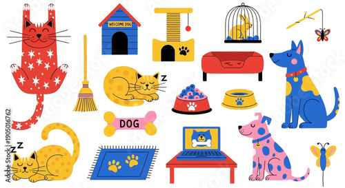 Colorful cartoon animals and household items scattered around a playful scene with pets and furniture