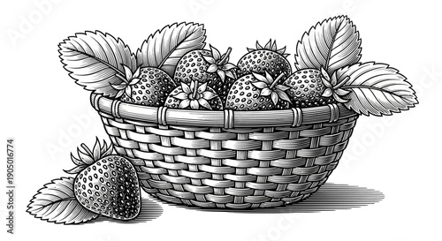 A wicker basket overflowing with ripe strawberries and leaves, seen from a slightly elevated viewpoint.