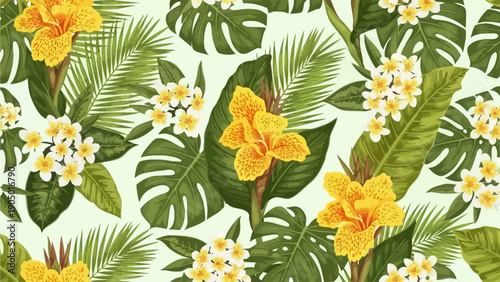 Tropical flowers and leaves pattern viewed from directly above in a lush environment