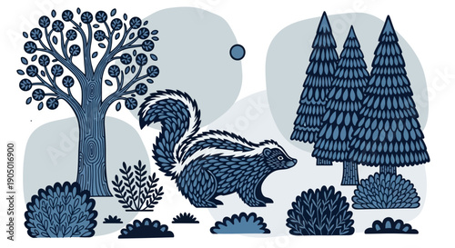 Illustration of a squirrel in a forest with trees and bushes