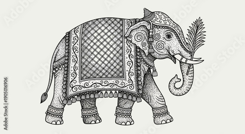 Ornate elephant illustration adorned with traditional Indian patterns and floral motifs on its decorated caparison and trunk