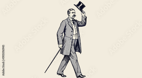 A gentleman walks with cane and top hat in formal attire illustration