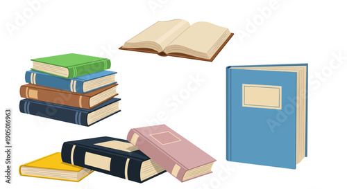 Collection of assorted books and an open book lying on a clean surface, viewed from directly above in a minimalist style