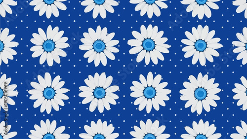 A serene pattern of white daisies with blue centers on a blue background with white dots, viewed from directly above