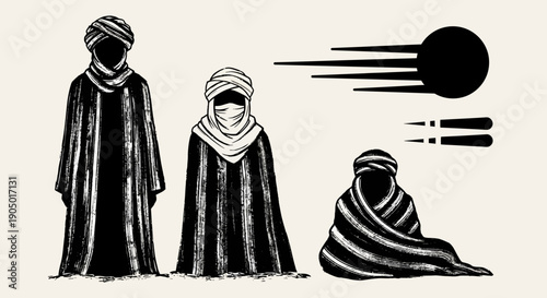 Three figures in robes stand and sit under a stylized sun illustration