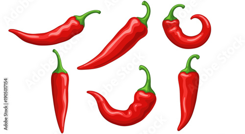 Assorted red chili peppers arranged in a scattered pattern on a clean surface viewed from directly above illustrating various shapes and sizes.