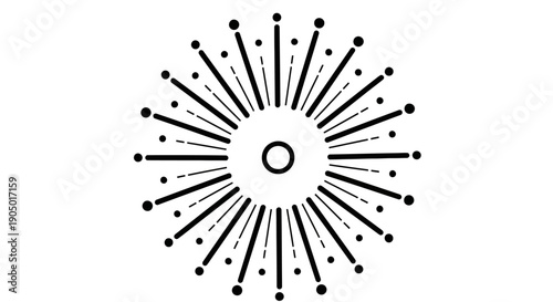 A black and white illustration of a person surrounded by abstract rays and dots in a circular pattern