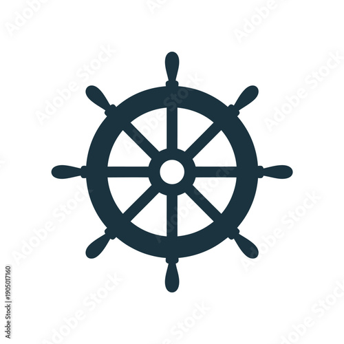 Dark ship wheel graphic symbolizes direction, navigation,.