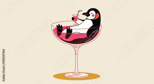 Penguin relaxing in a martini glass with a cocktail, enjoying a drink in a leisurely illustration