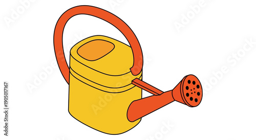 A bright yellow watering can with orange handle and spout on white background