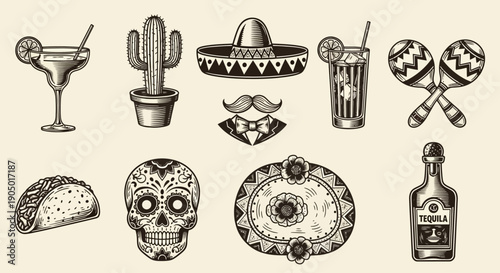 Vibrant Mexican Fiesta Icons Featuring Sombrero, Cactus, and Skull Illustrations