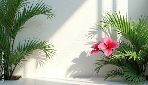 Green palm leaves and pink flowers cast shadows on white wall. Tropical plants create zen ambiance near clean floor. Natural light creates bright scene.