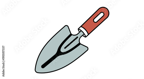 Garden trowel with red handle depicted in a simple illustration style on a plain white background viewed from a top angle