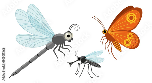A digital illustration featuring a dragonfly, butterfly, and mosquito in a serene environment from a straightforward viewpoint
