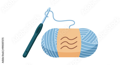 Crochet hook and yarn ball illustration showcasing hobby, leisure activity, creativity, crafting, and handmade art