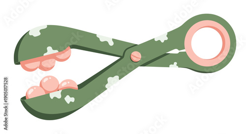 Green scissors cutting pink objects with white cloud shapes on a white background, viewed from directly above