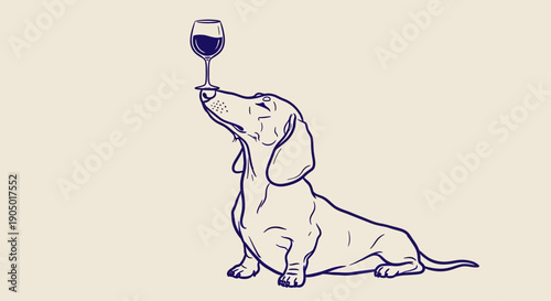A dachshund sniffs a glass of wine in a simple illustration