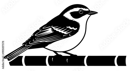 A black and white illustration of a bird perched on a branch viewed from the side