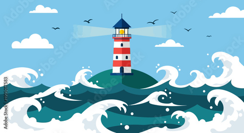 A red and white lighthouse stands on a rocky island surrounded by turbulent ocean waves and a serene sky