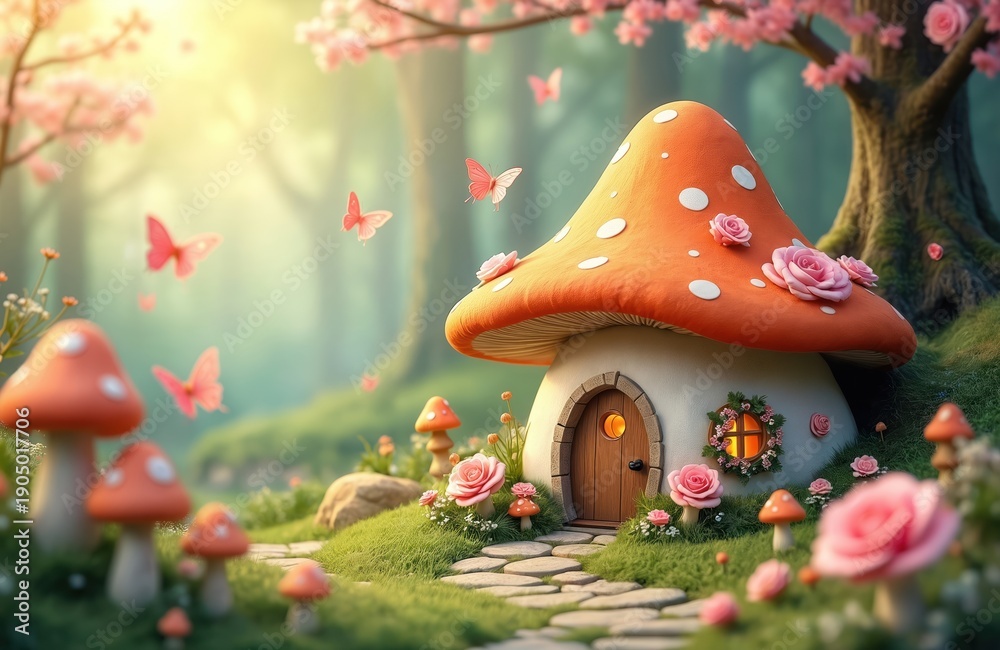 Naklejka premium Cute fantasy mushroom house sits in enchanted forest garden with blooming roses, flying butterflies. Stone path leads to wooden door on whimsical dwelling surrounded by nature elements, soft sun