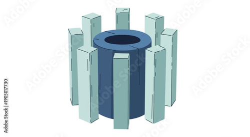 3D rendering of a blue cylindrical object surrounded by rectangular pillars in a futuristic setting