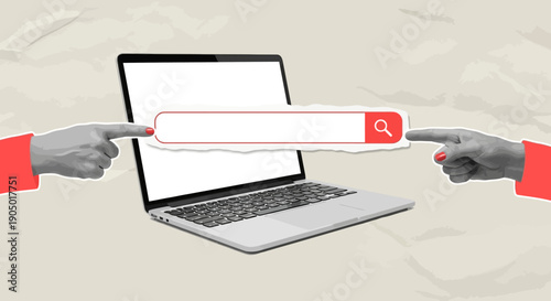 Two hands pointing at a search bar on a laptop screen, representing online search and digital interaction in a modern workspace.