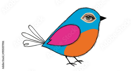 A digitally illustrated bird with vibrant plumage is centered on a clean background from a side viewpoint and is simple and graphic in style