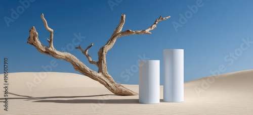 Desert scene with driftwood and white cylindrical pedestals. Sand dunes and bright blue sky background