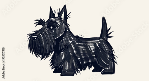Illustration of a geometric dog, likely a Scottish Terrier, standing proudly in a simple, two-dimensional, black and white environment from a side viewpoint.