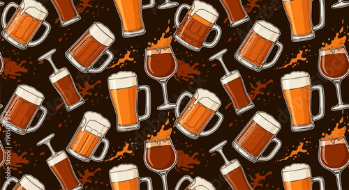 Assorted beer glasses and mugs pattern on dark background, viewed from directly above, showcasing various beverage containers