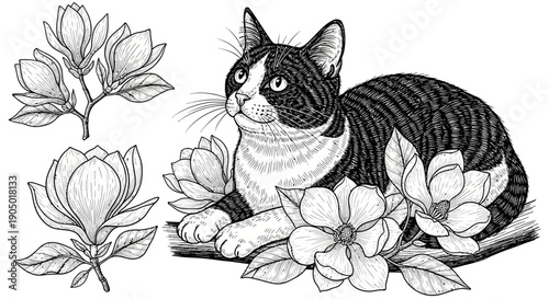Black and white cat resting among magnolia flowers and leaves, illustrated in detailed line art