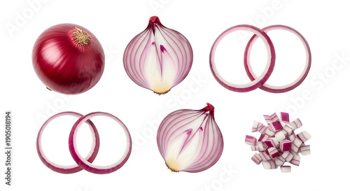 Red onion whole, half, sliced rings, and diced pieces isolated on white background, top view