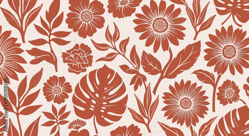 Vibrant floral pattern with blooming flowers and lush leaves in a repeating design viewed from directly above