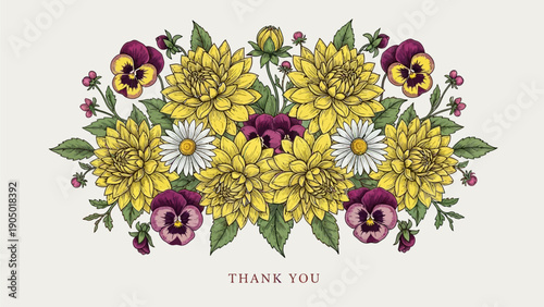A vibrant floral arrangement featuring yellow flowers, daisies, and pansies, with a thank you message in the center
