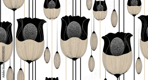 A collection of stylized black and beige floral motifs suspended from above in a digital illustration
