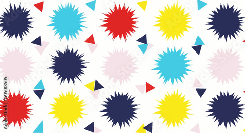 Vibrant multicolored spiky balls and triangles pattern on a seamless repeat