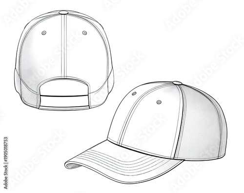 Detailed illustration of a baseball cap from two angles. White outline