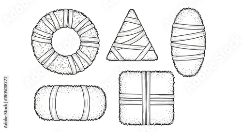 Geometric shapes illustration featuring various line patterns on simple forms from a direct viewpoint