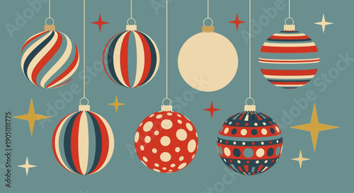 A set of decorative baubles hanging from above with various patterns and designs, surrounded by stars on a colored background, viewed from directly above