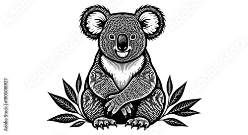A koala sitting with eucalyptus leaves around it in a black and white illustration