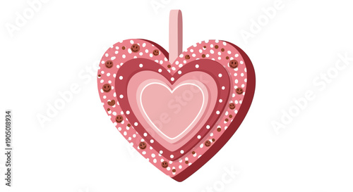 A heart-shaped ornament with layered pink decorations and rhinestones hangs from above, viewed from the front